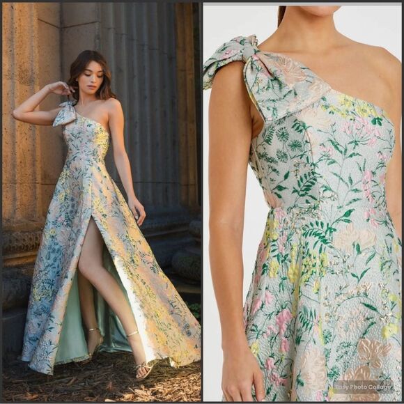 MAC DUGGAL  11919 Multicolor One Shoulder Brocade Floral Dress With Bow - Picture 1 of 16